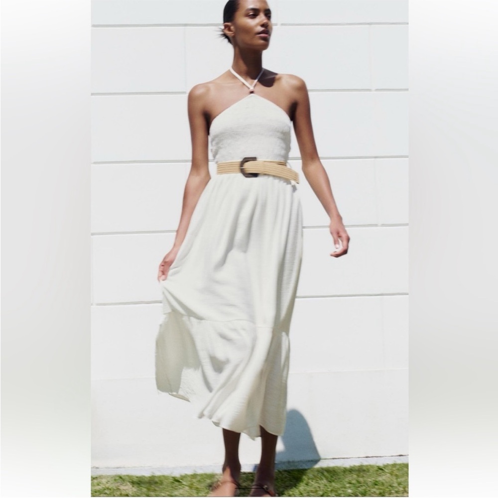 Zara NWT belted white maxi dress with smocked halter top tie neck detail